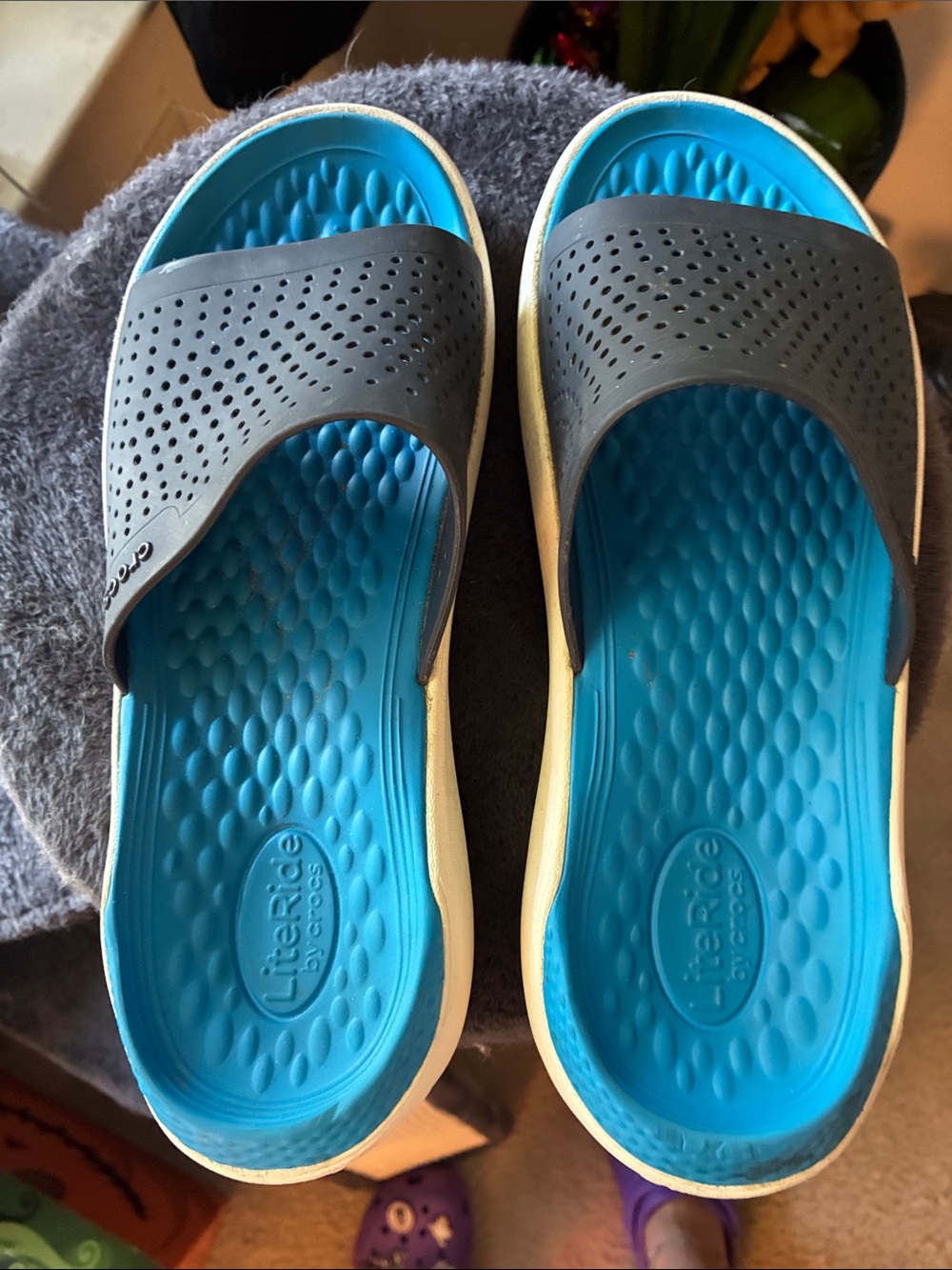 CROCS LiteRide Slide Sandals in Blue and Gray